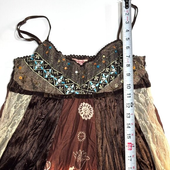 Vtg Y2K Papaya Patchwork Babydoll Dress Brown Beaded Lace Festival Eclectic Boho - Picture 10 of 16